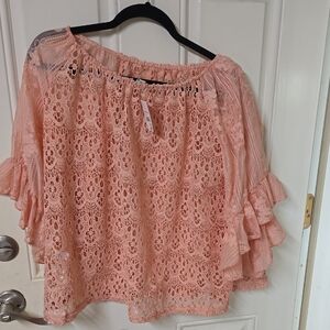 Cato Coral Lace Ruffle Blouse